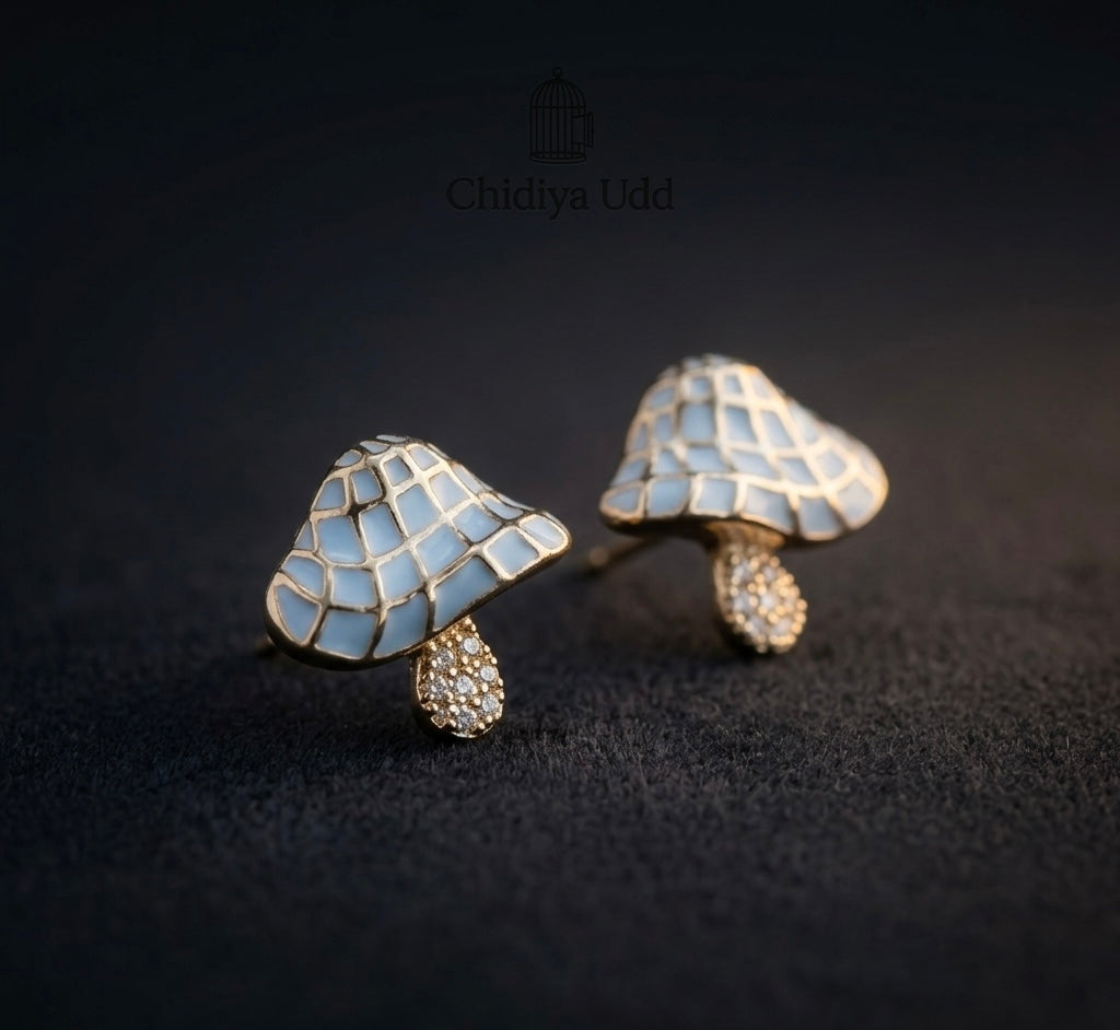 Mushroom Enamel Drop Stud Earrings – Gold & White — Photo 3