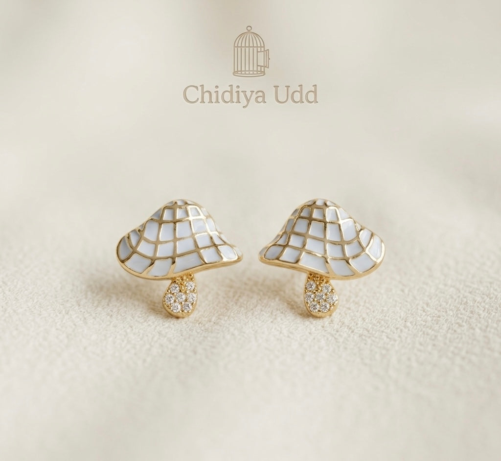 Mushroom Enamel Drop Stud Earrings – Gold & White — Photo 4