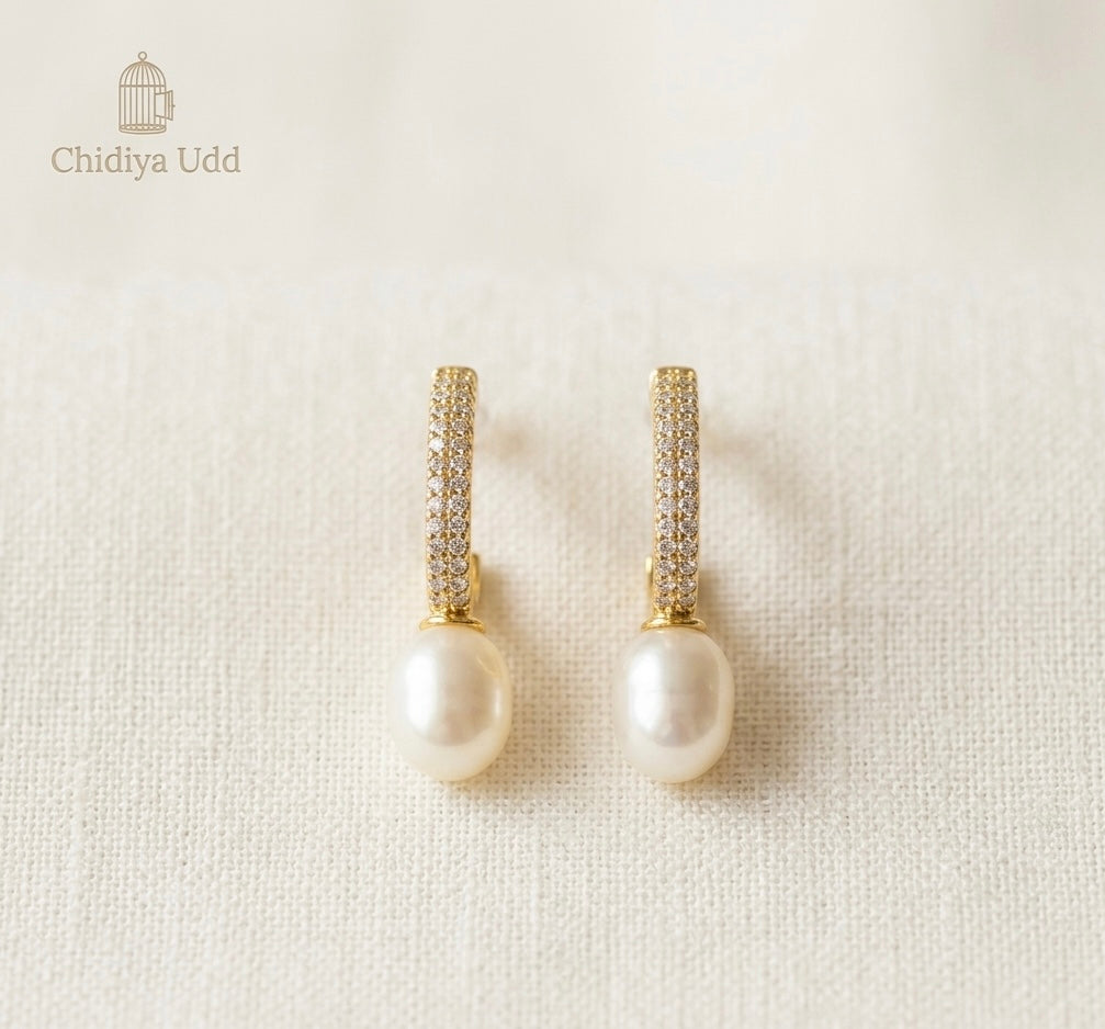 Pavé Pearl Bar Drop Earrings – Gold — Photo 4