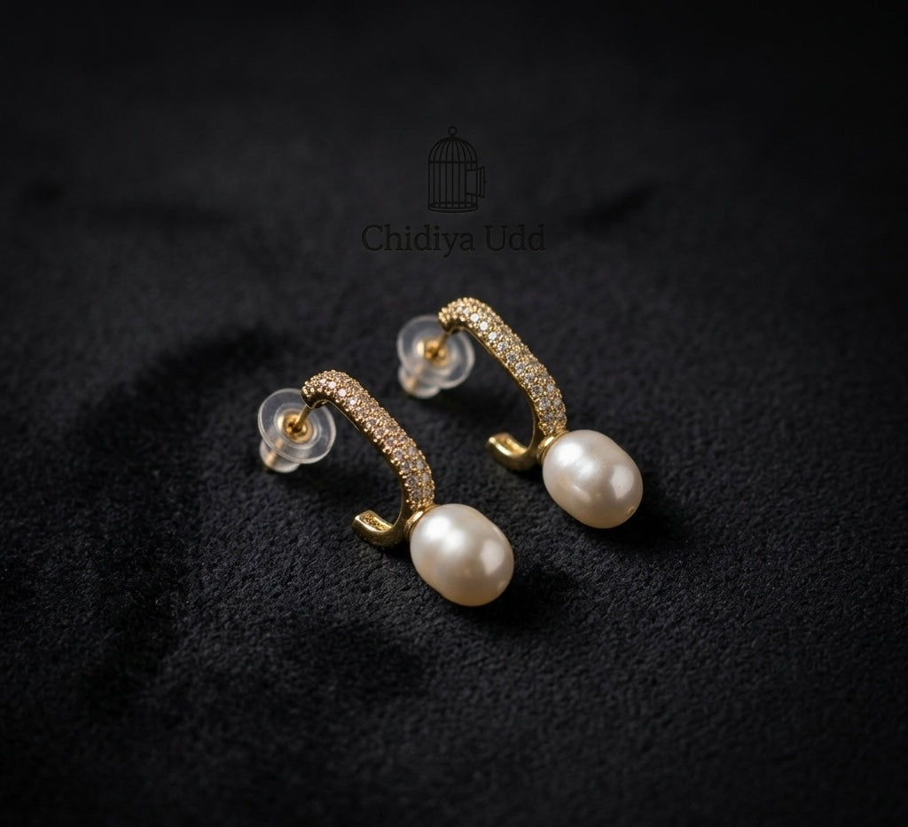 Pavé Pearl Bar Drop Earrings – Gold — Photo 5