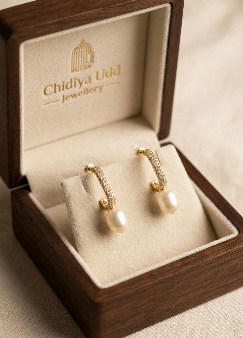 Pavé Pearl Bar Drop Earrings – Gold — Photo 7