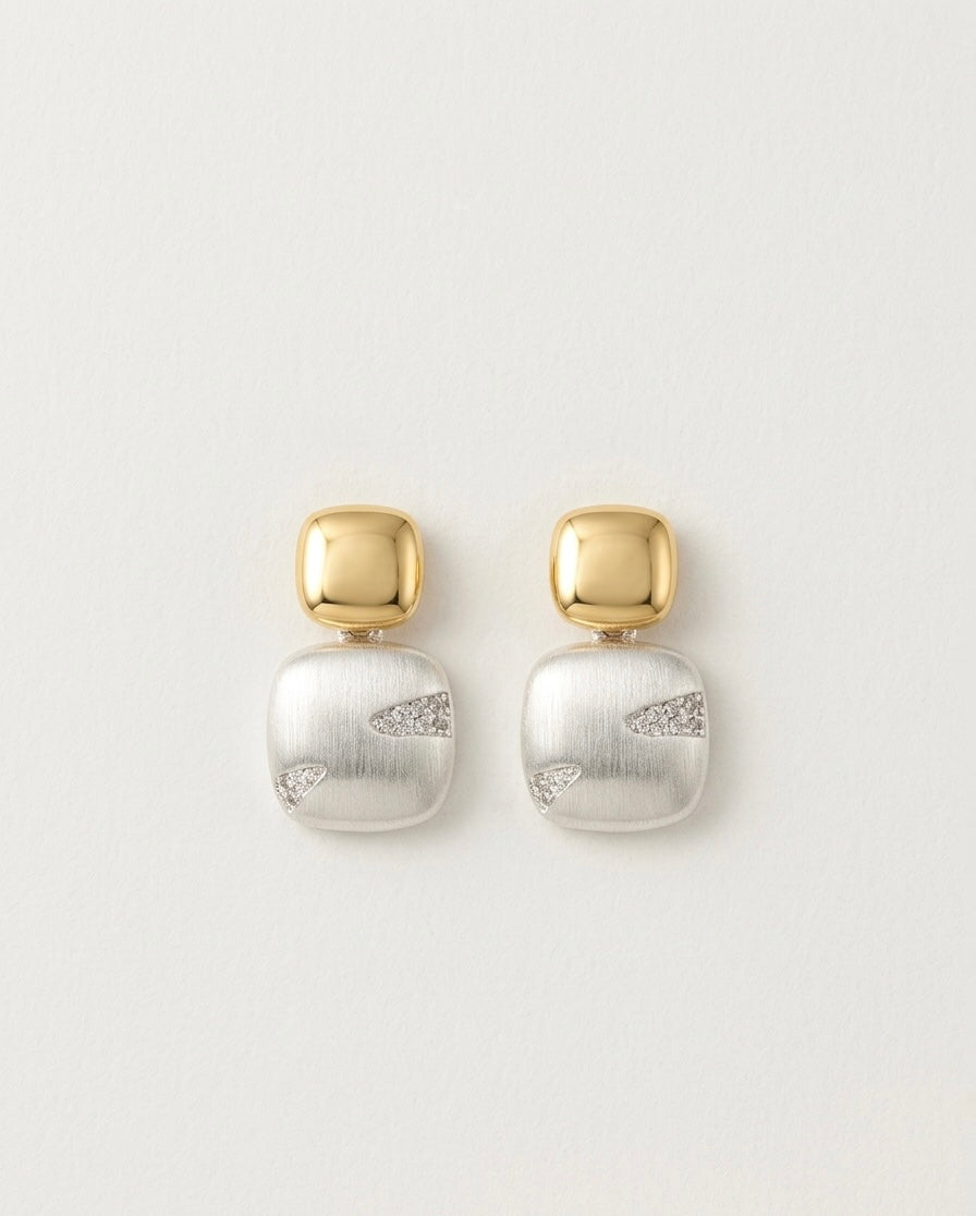 Two-Tone Pavé Square Drop Earrings – Gold & Silver — Photo 1