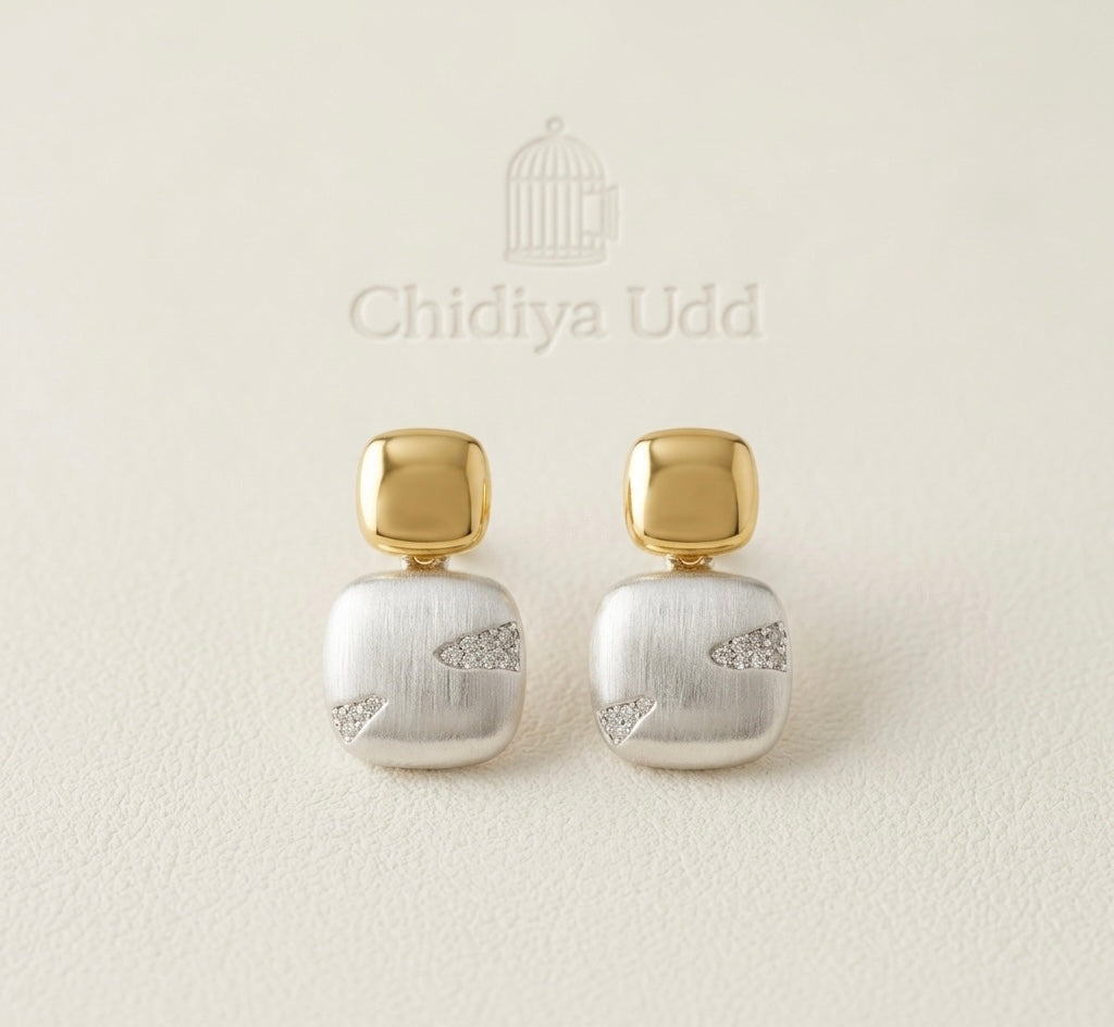 Two-Tone Pavé Square Drop Earrings – Gold & Silver — Photo 6