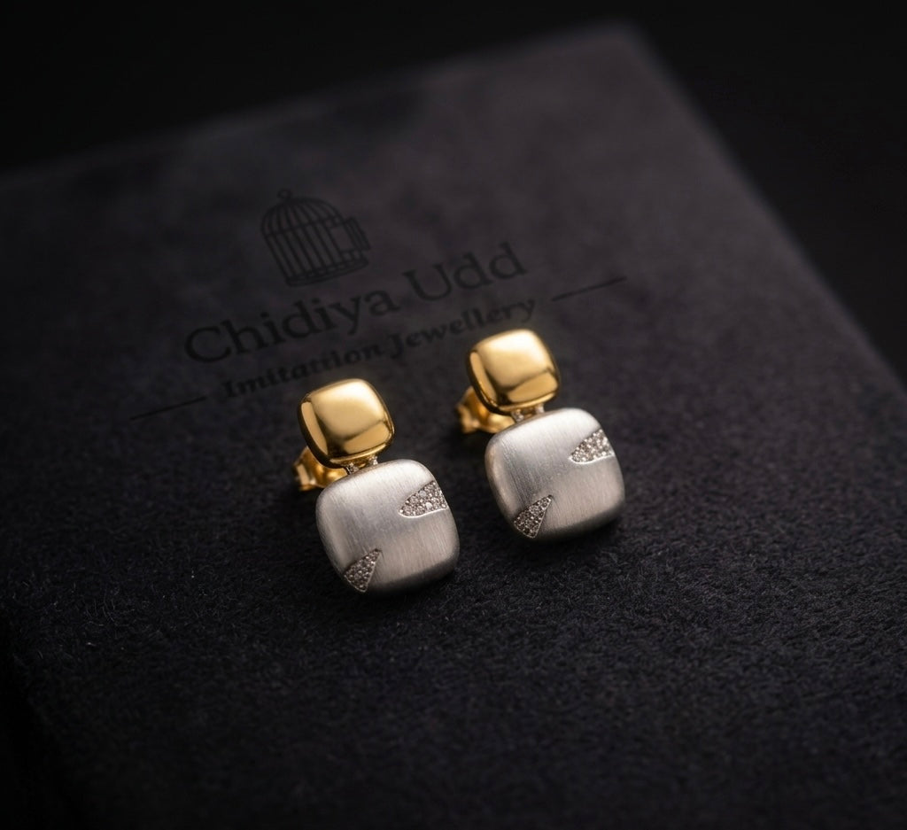 Two-Tone Pavé Square Drop Earrings – Gold & Silver — Photo 7