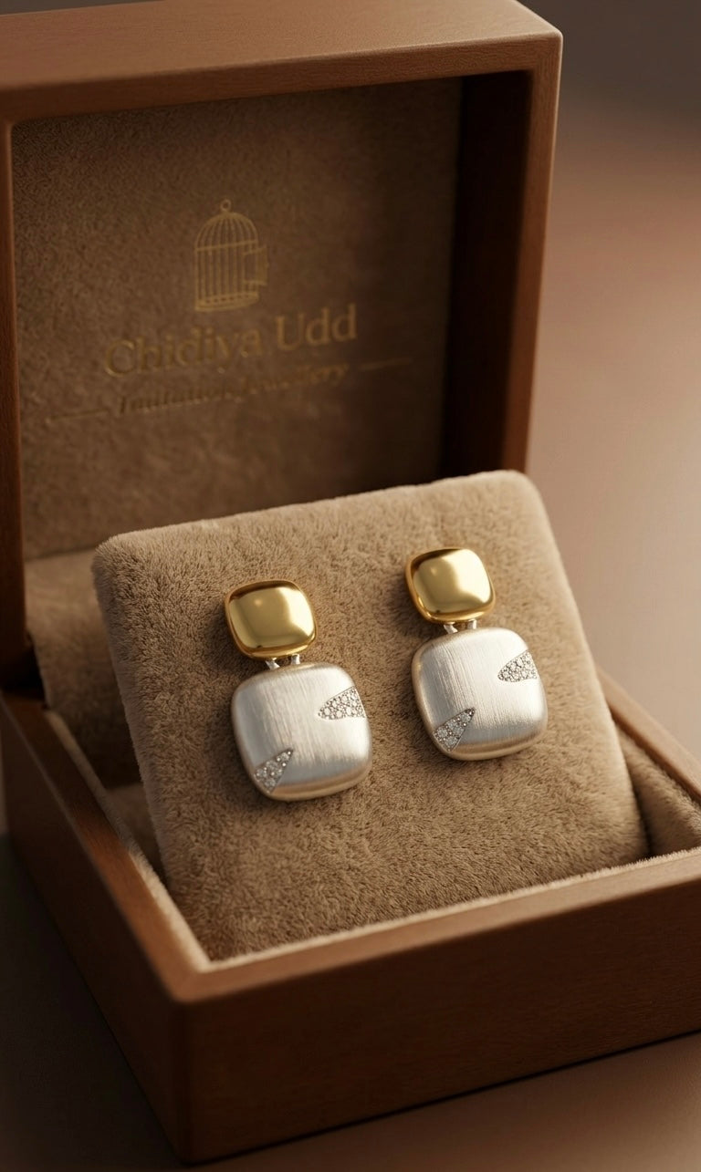 Two-Tone Pavé Square Drop Earrings – Gold & Silver — Photo 8