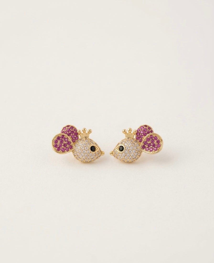 Crystal Mouse Stud Earrings – Gold & Pink — Photo 1