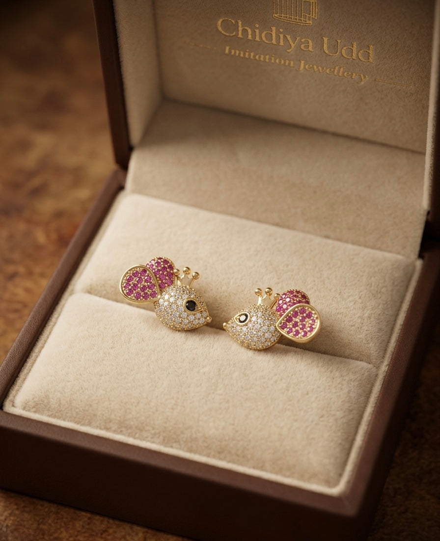 Crystal Mouse Stud Earrings – Gold & Pink — Photo 10