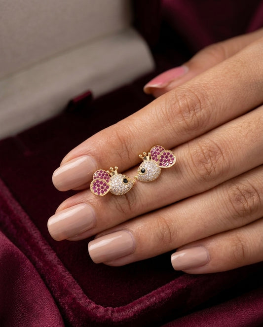 Crystal Mouse Stud Earrings – Gold & Pink — Photo 2