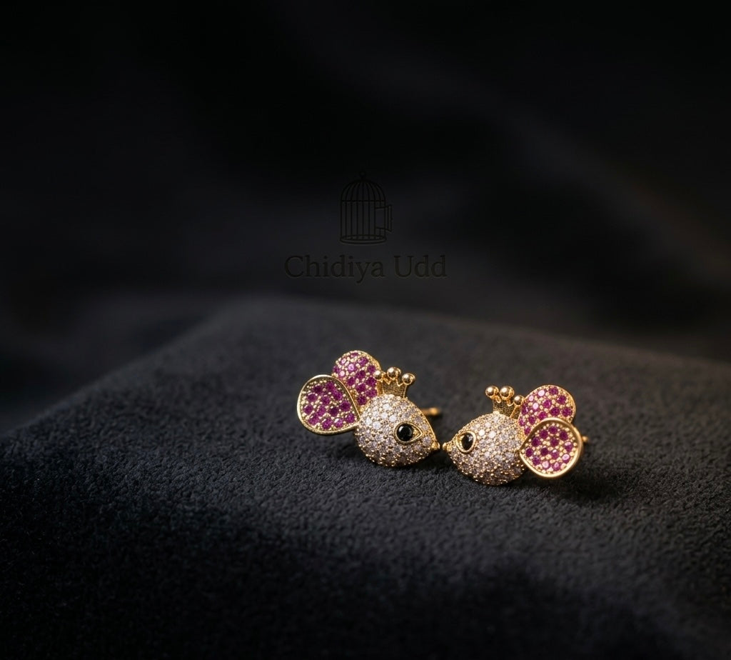 Crystal Mouse Stud Earrings – Gold & Pink — Photo 7