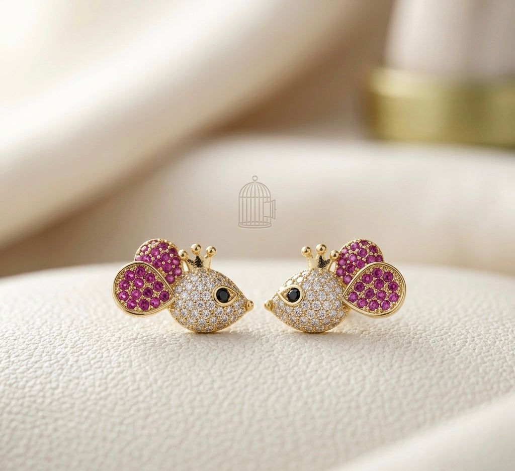 Crystal Mouse Stud Earrings – Gold & Pink — Photo 8