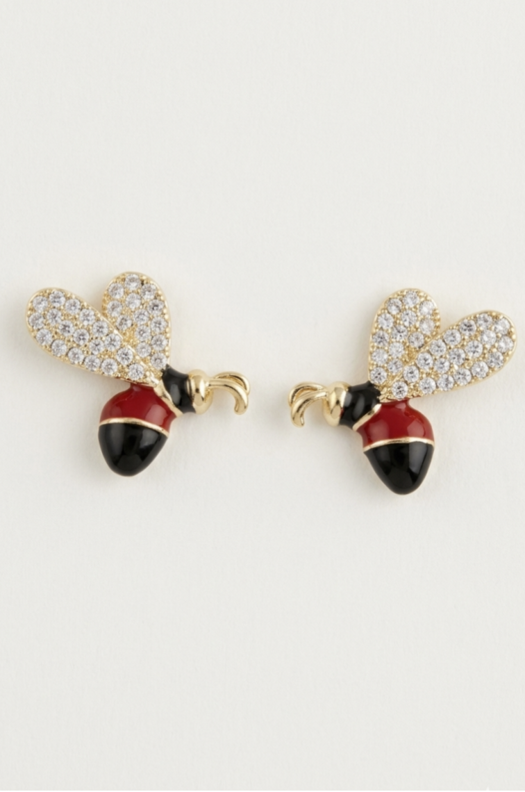 Enamel Bee Stud Earrings – Gold, Red & Black — Photo 1