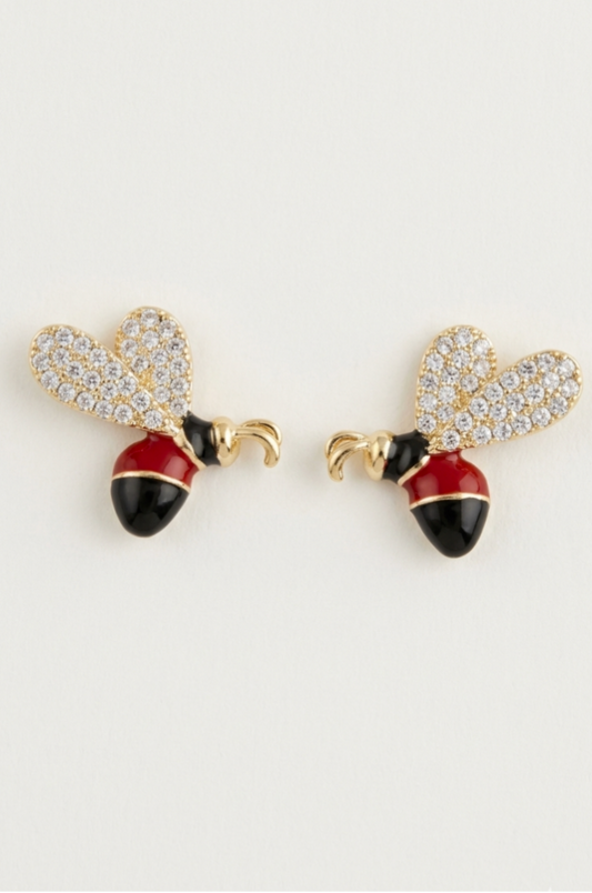 Enamel Bee Stud Earrings – Gold, Red & Black — Photo 1