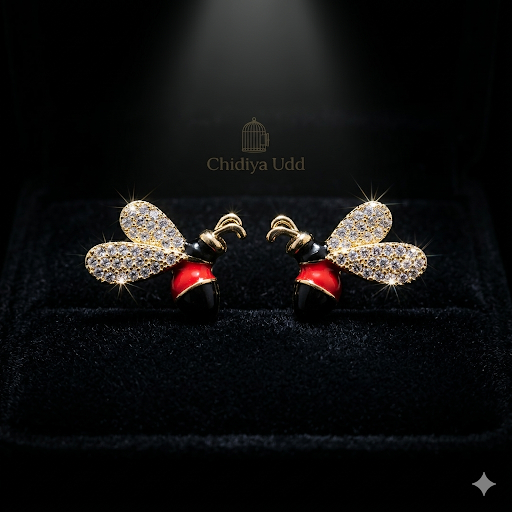 Enamel Bee Stud Earrings – Gold, Red & Black — Photo 2
