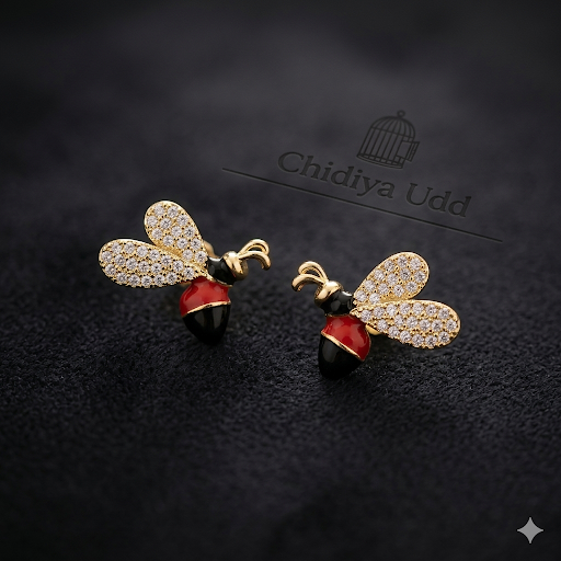 Enamel Bee Stud Earrings – Gold, Red & Black — Photo 3