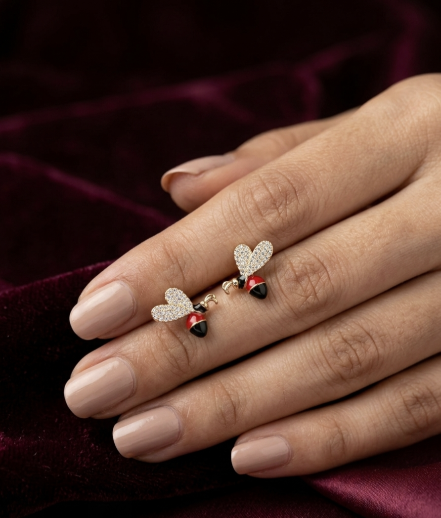 Enamel Bee Stud Earrings – Gold, Red & Black — Photo 5