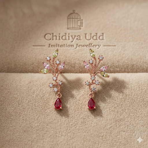 Multicolor Botanical Crystal Drop Earrings – Gold — Photo 2