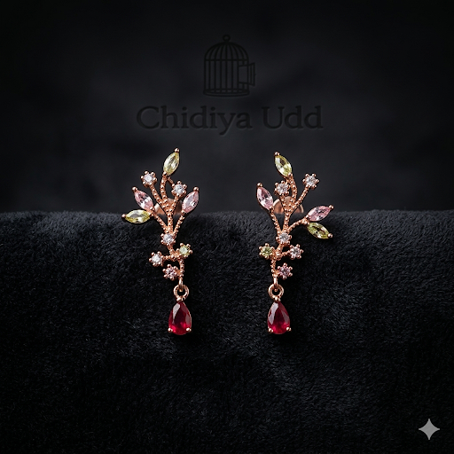 Multicolor Botanical Crystal Drop Earrings – Gold — Photo 3