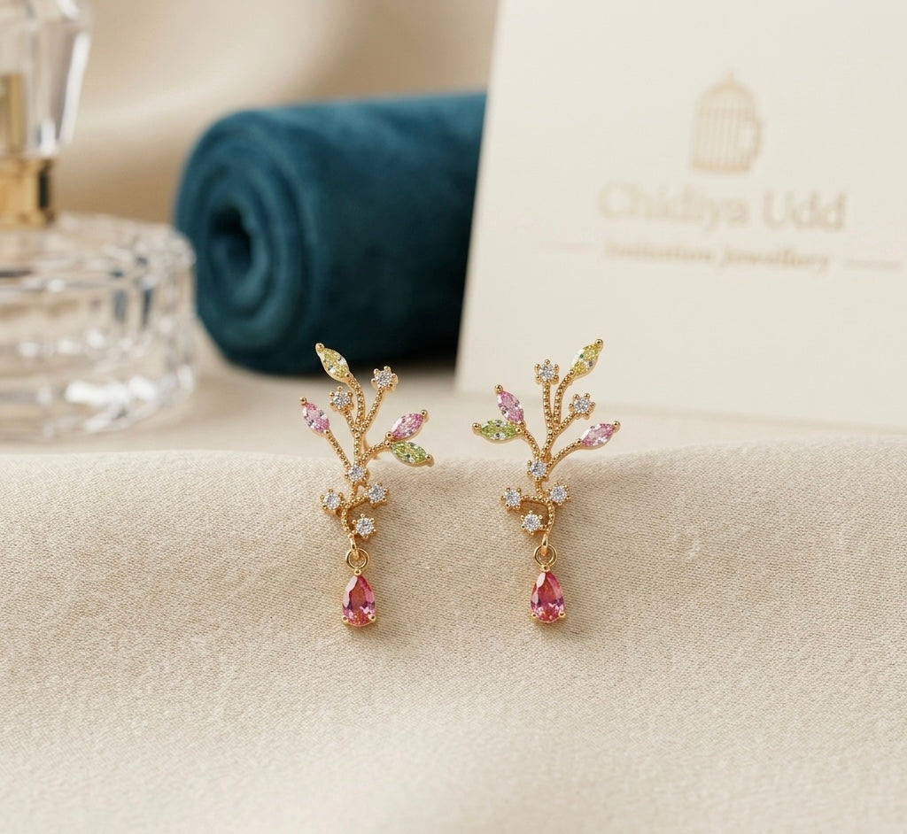 Multicolor Botanical Crystal Drop Earrings – Gold — Photo 9