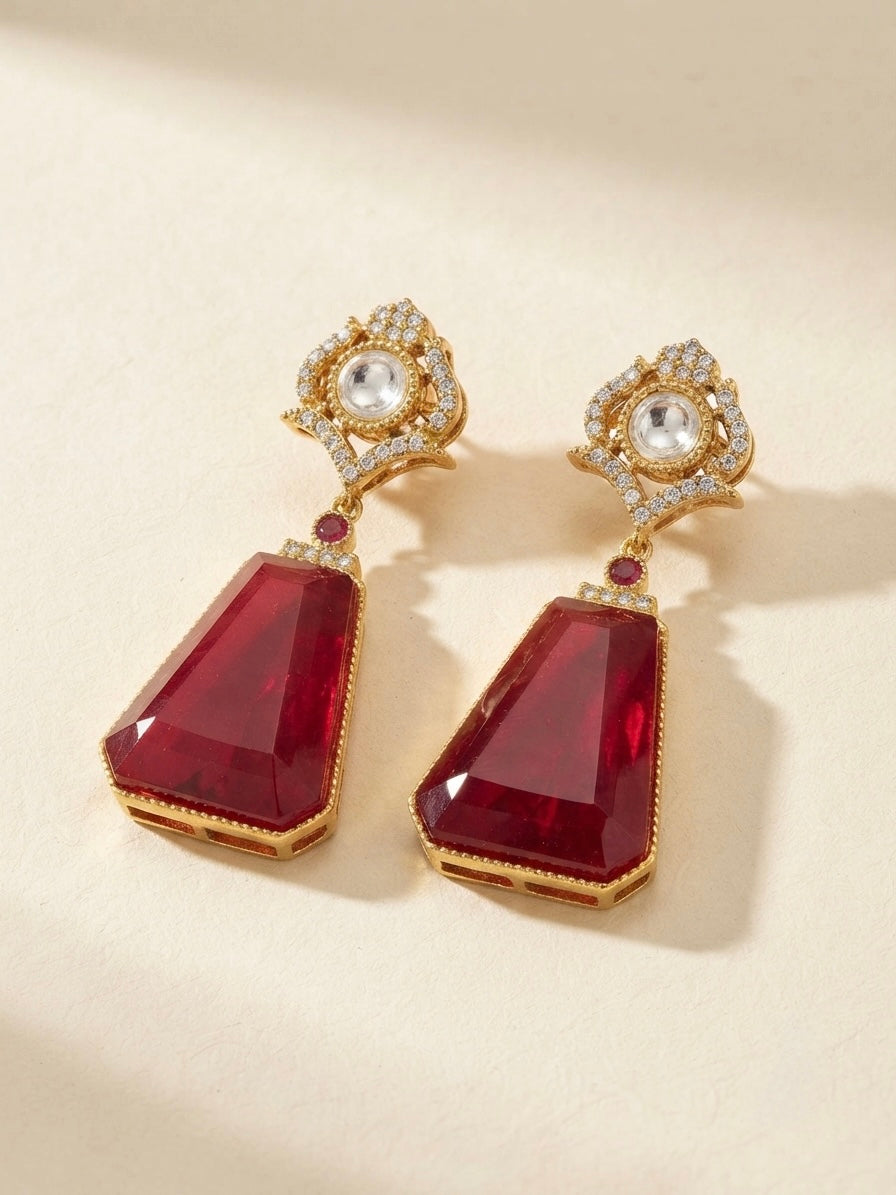 Ruby Red Luxe Drop Earrings – Geometric Crystal Statement — Photo 3