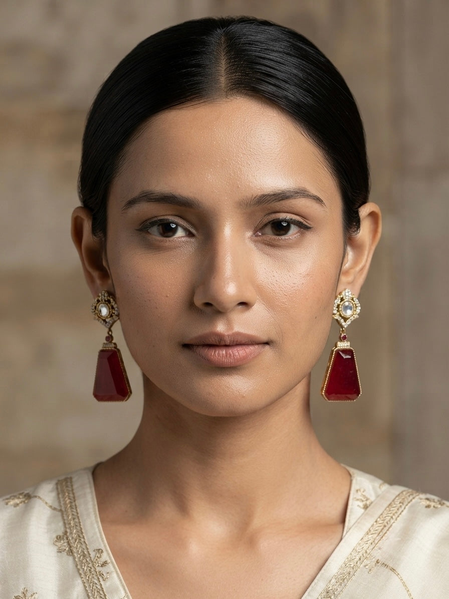 Ruby Red Luxe Drop Earrings – Geometric Crystal Statement — Photo 6