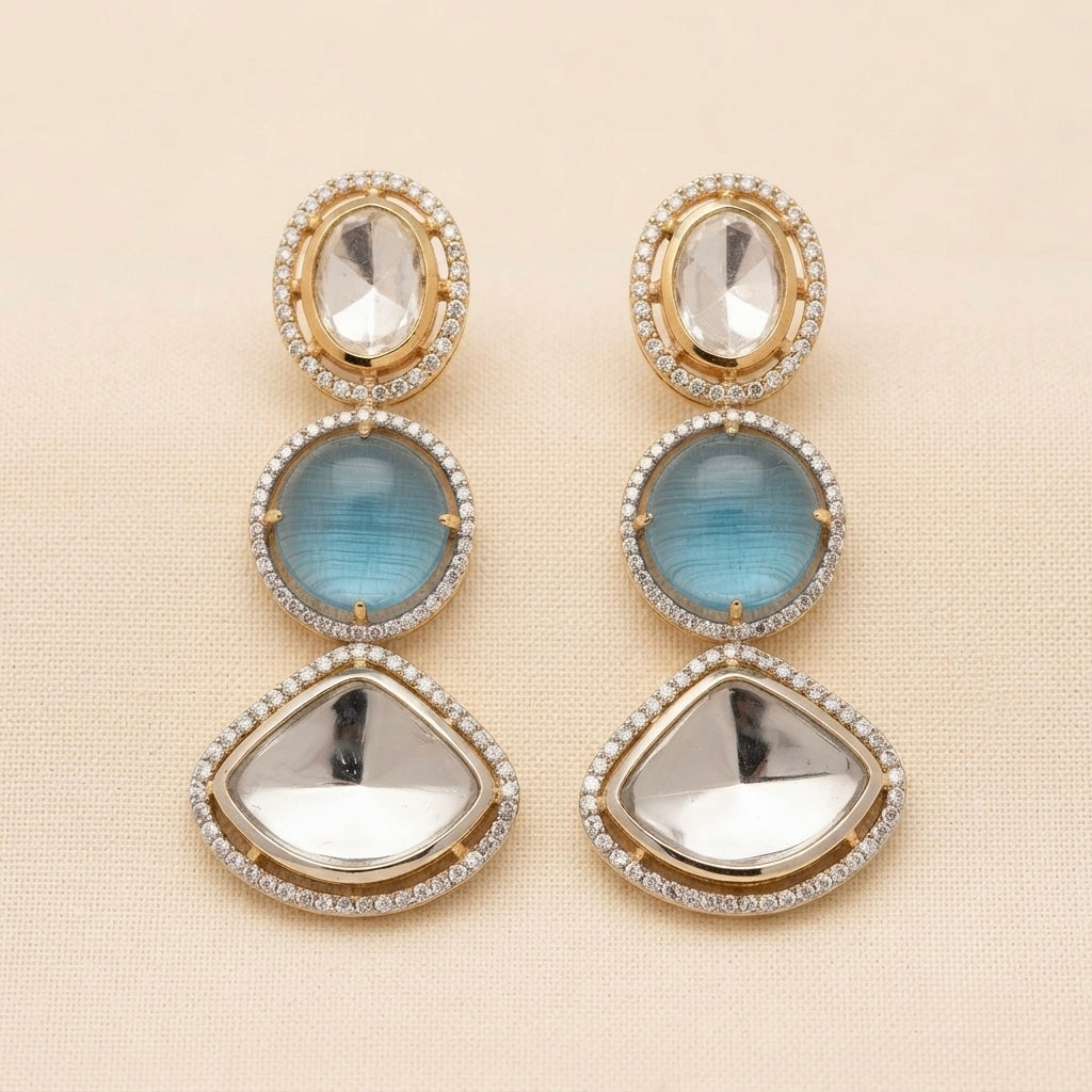 Aqua & Pearl Crystal Earrings – Triple Stone Luxe Drop — Photo 3