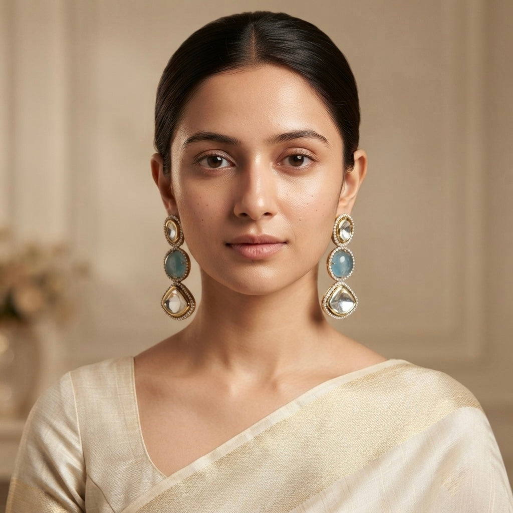 Aqua & Pearl Crystal Earrings – Triple Stone Luxe Drop — Photo 4