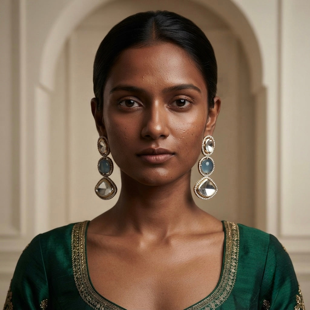 Aqua & Pearl Crystal Earrings – Triple Stone Luxe Drop — Photo 5