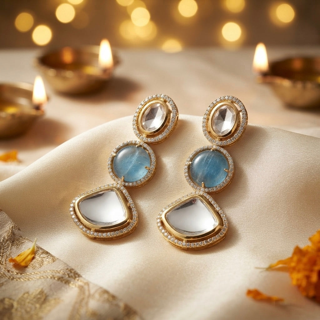 Aqua & Pearl Crystal Earrings – Triple Stone Luxe Drop — Photo 6