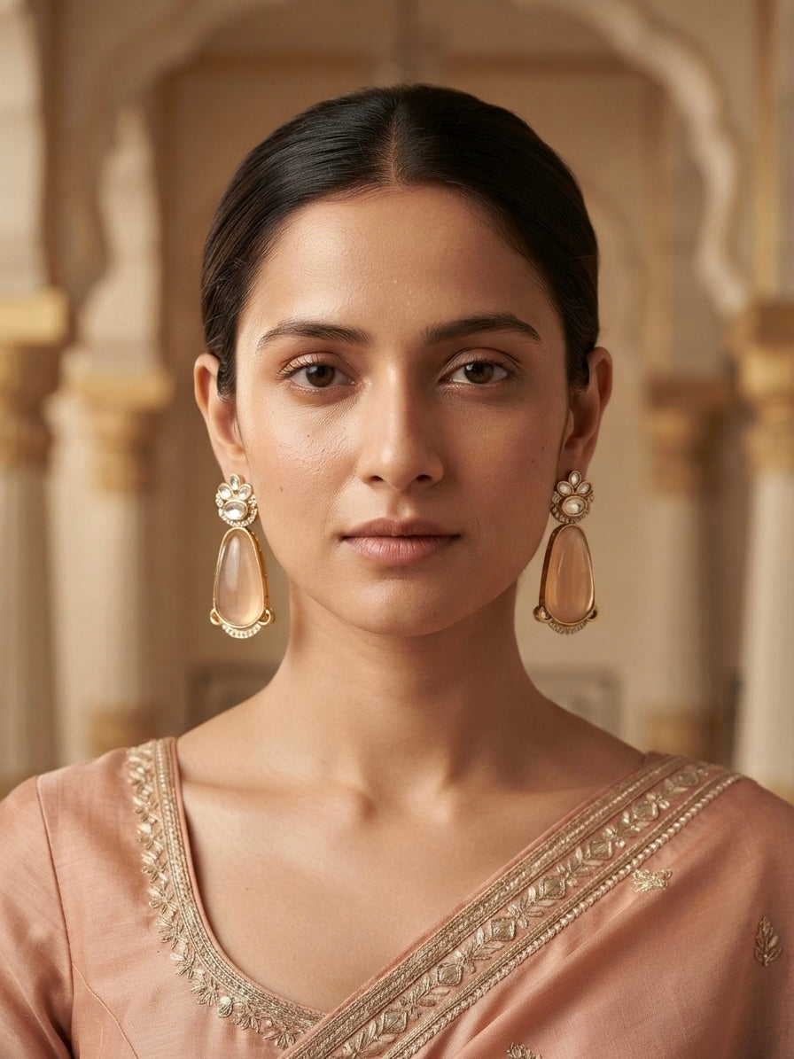 Peach Crystal Statement Earrings – Sculpted Oval Drop — Photo 4