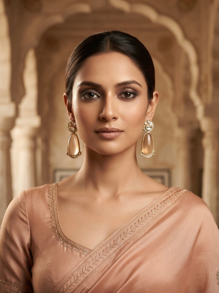 Peach Crystal Statement Earrings – Sculpted Oval Drop — Photo 7