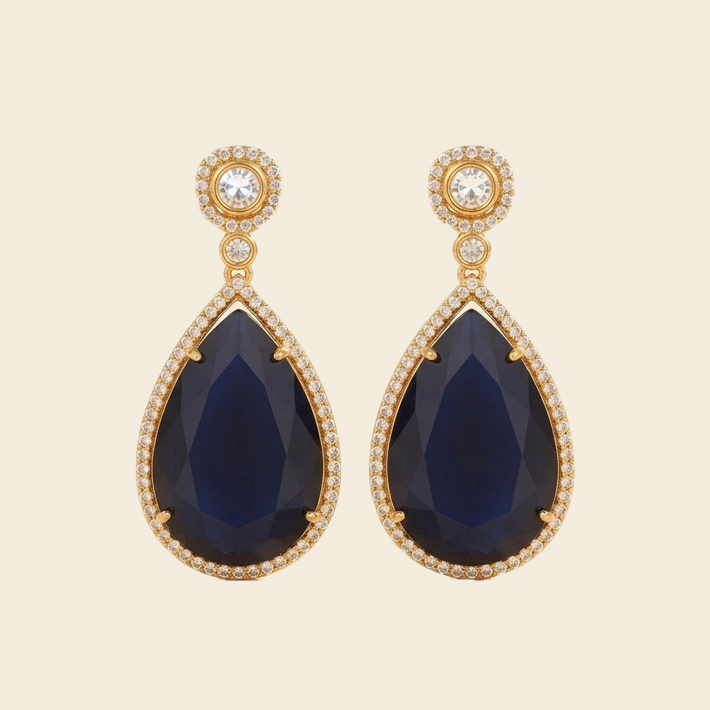 Midnight Sapphire Teardrop Earrings – Crystal Halo Drop — Photo 1