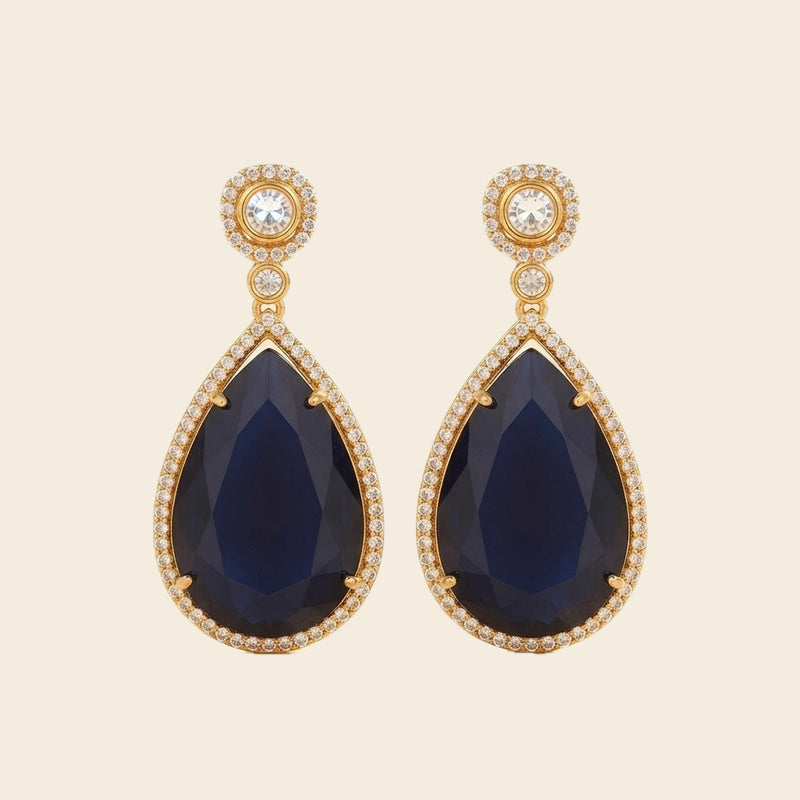 Midnight Sapphire Teardrop Earrings – Crystal Halo Drop — Photo 1