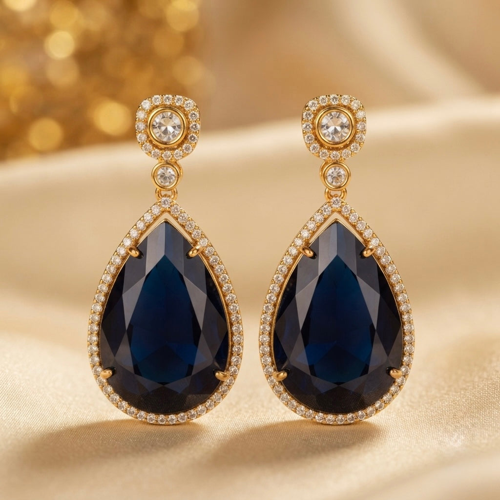 Midnight Sapphire Teardrop Earrings – Crystal Halo Drop — Photo 2