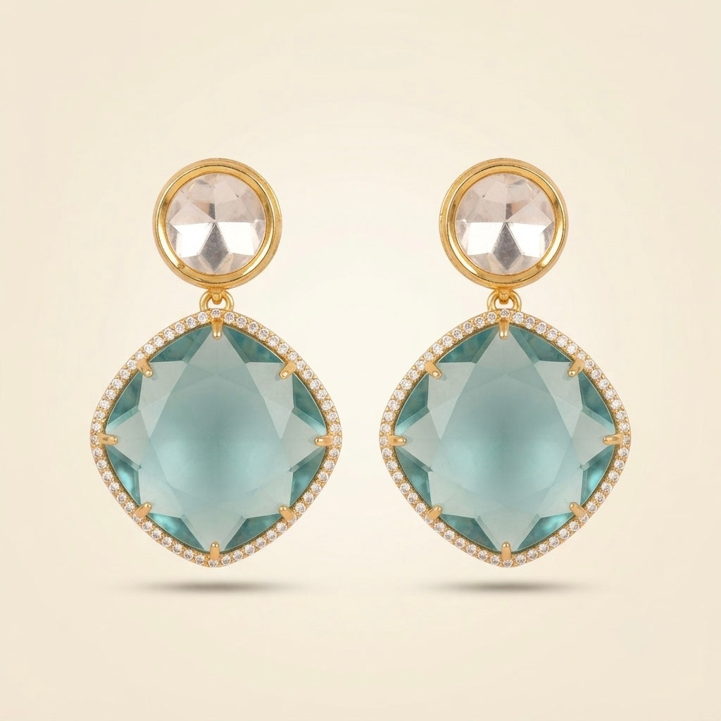 Aqua Crystal Statement Earrings – Faceted Cushion Drop — Photo 1
