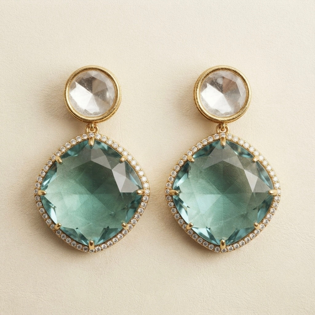 Aqua Crystal Statement Earrings – Faceted Cushion Drop — Photo 2