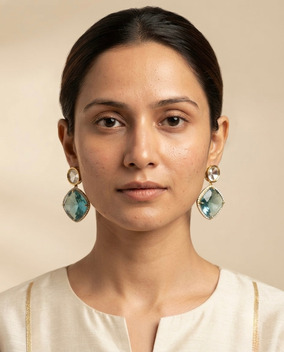 Aqua Crystal Statement Earrings – Faceted Cushion Drop — Photo 3