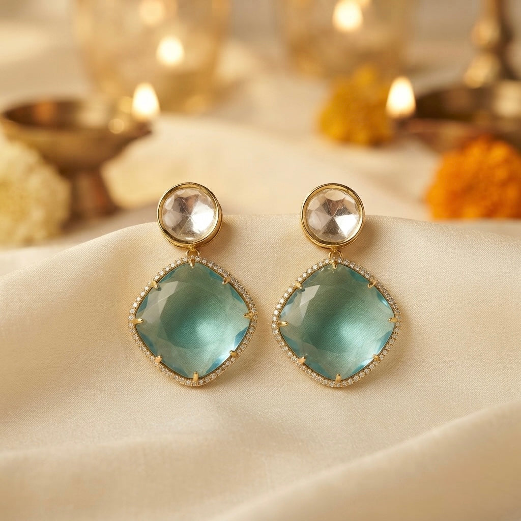 Aqua Crystal Statement Earrings – Faceted Cushion Drop — Photo 5