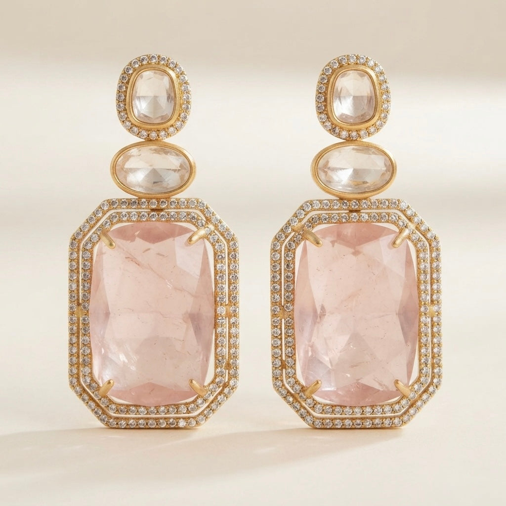 Blush Crystal Earrings – Double Halo Rectangular Drop — Photo 2