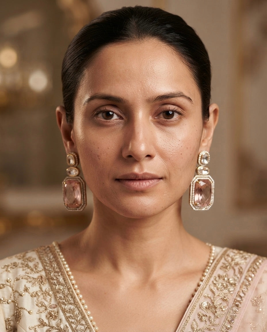 Blush Crystal Earrings – Double Halo Rectangular Drop — Photo 3