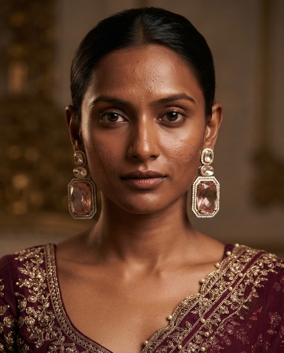Blush Crystal Earrings – Double Halo Rectangular Drop — Photo 4