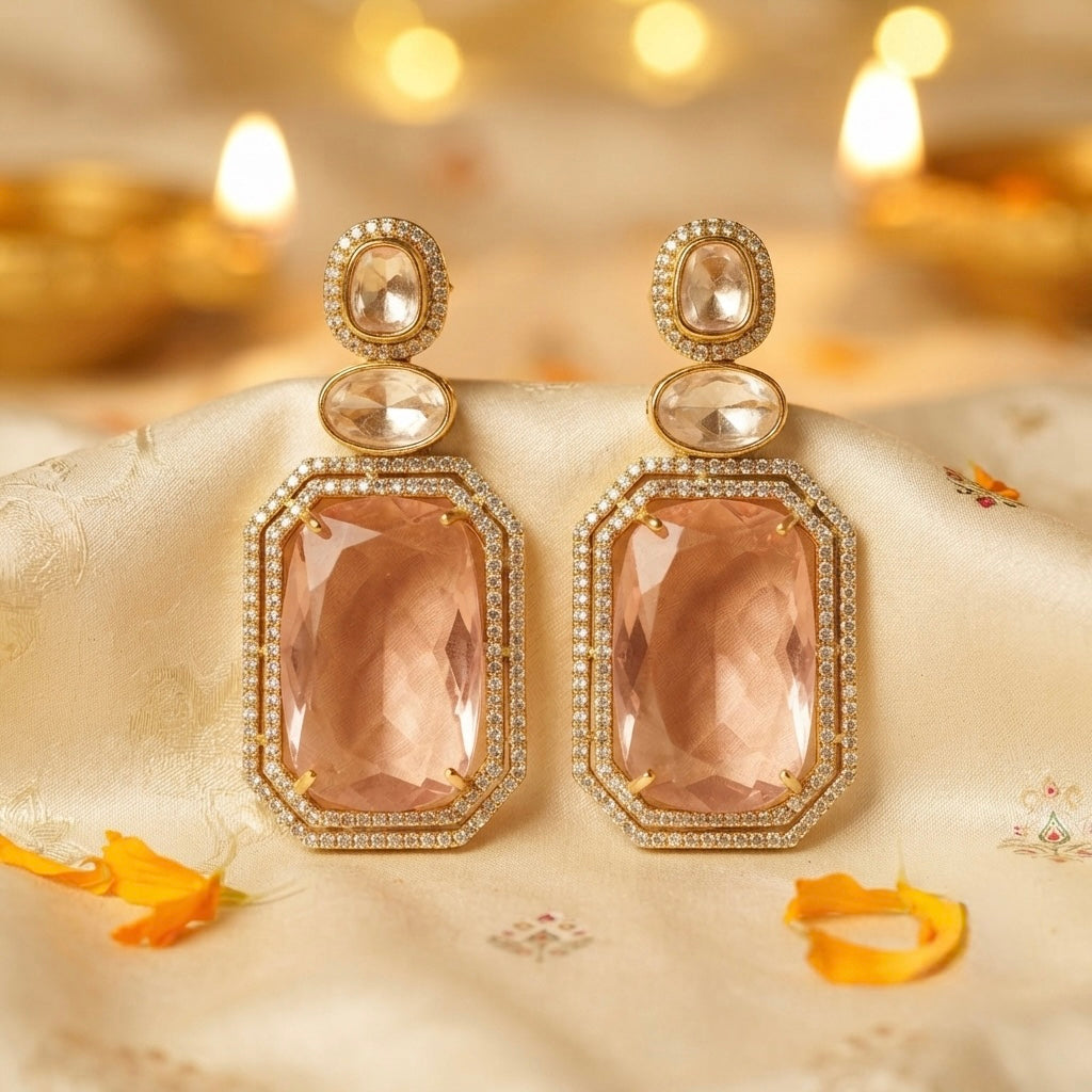Blush Crystal Earrings – Double Halo Rectangular Drop — Photo 5