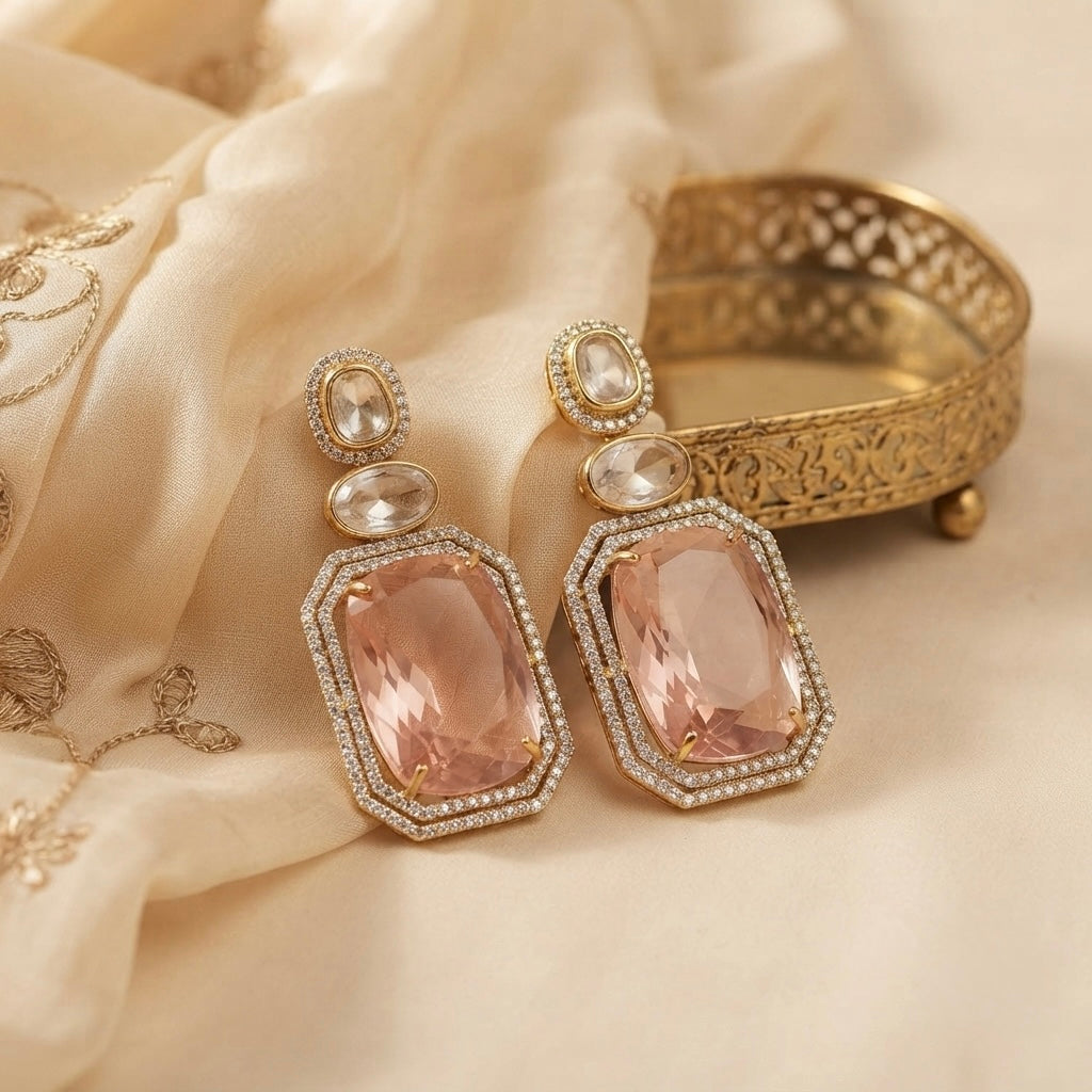 Blush Crystal Earrings – Double Halo Rectangular Drop — Photo 6