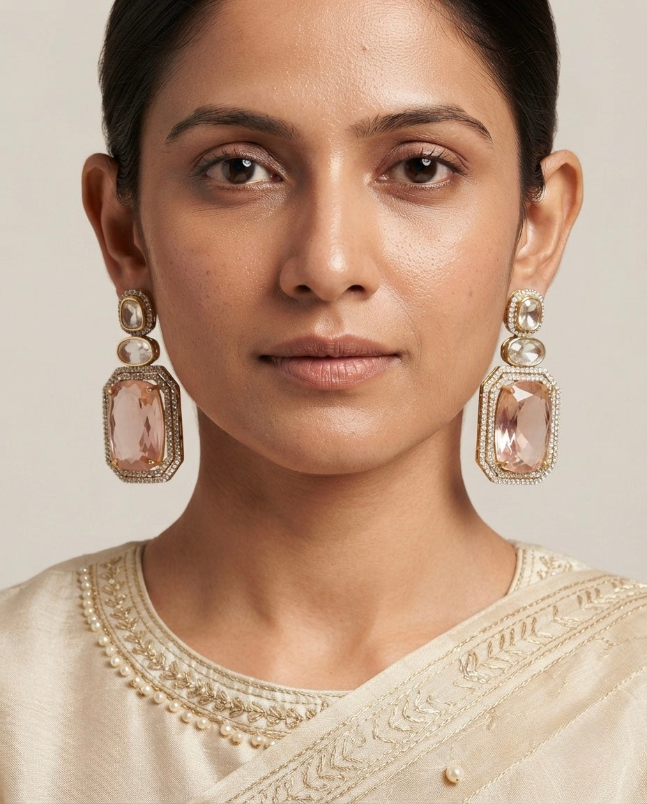 Blush Crystal Earrings – Double Halo Rectangular Drop — Photo 7