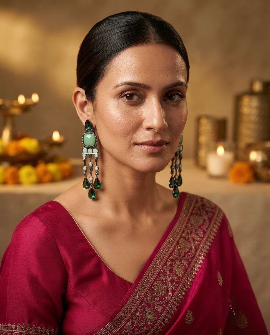 Emerald Green Crystal Chandelier Earrings – Geometric Drop — Photo 1