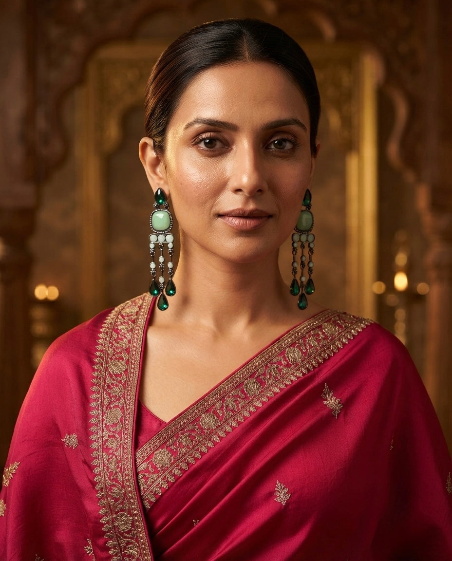 Emerald Green Crystal Chandelier Earrings – Geometric Drop — Photo 2