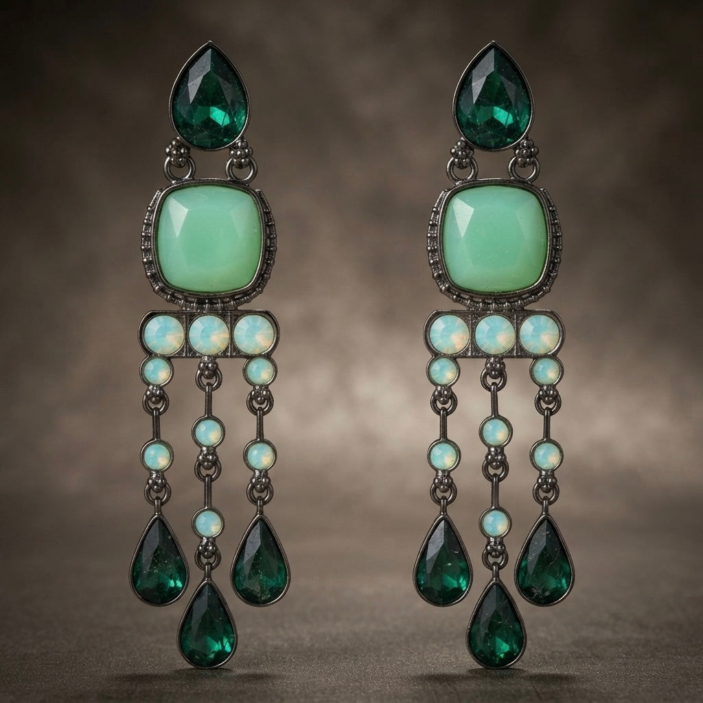 Emerald Green Crystal Chandelier Earrings – Geometric Drop — Photo 8