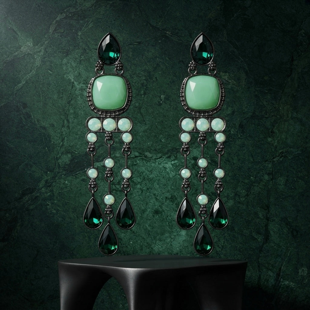 Emerald Green Crystal Chandelier Earrings – Geometric Drop — Photo 9