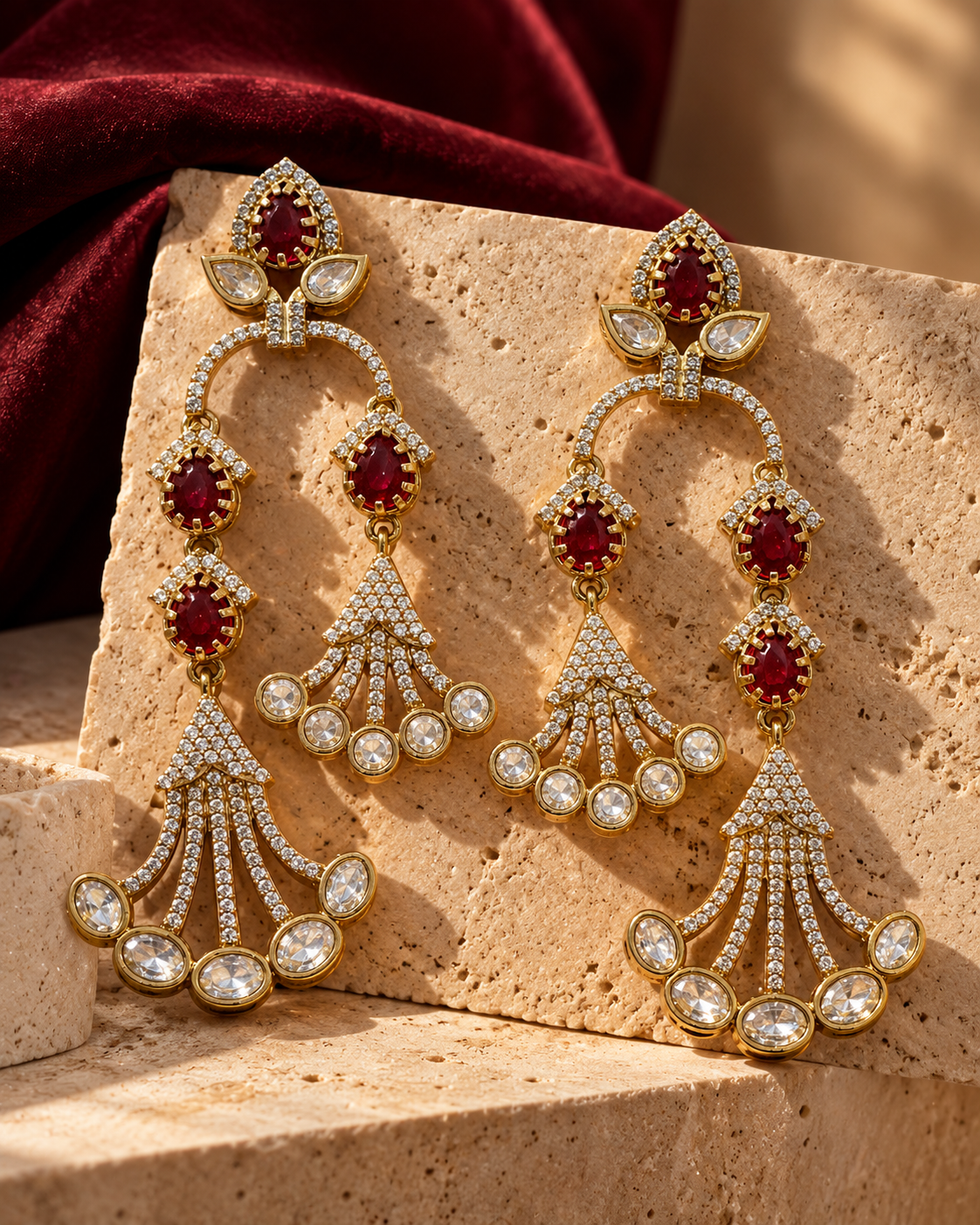 Ruby & Crystal Cascading Earrings – Sculpted Chandelier — Photo 2