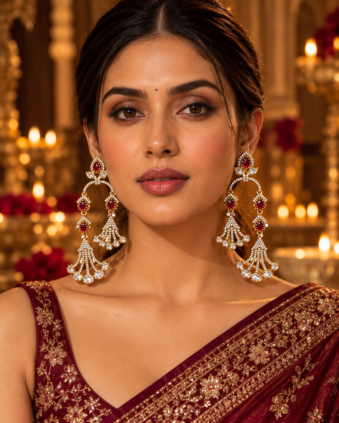 Ruby & Crystal Cascading Earrings – Sculpted Chandelier — Photo 3
