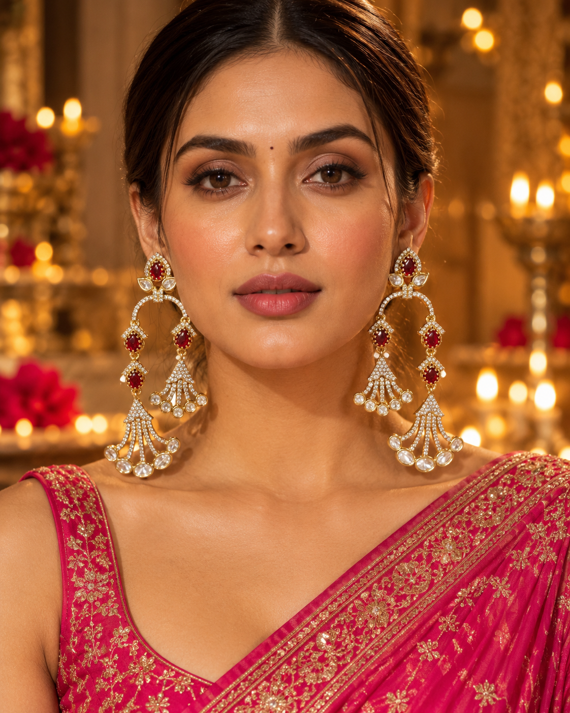 Ruby & Crystal Cascading Earrings – Sculpted Chandelier — Photo 4